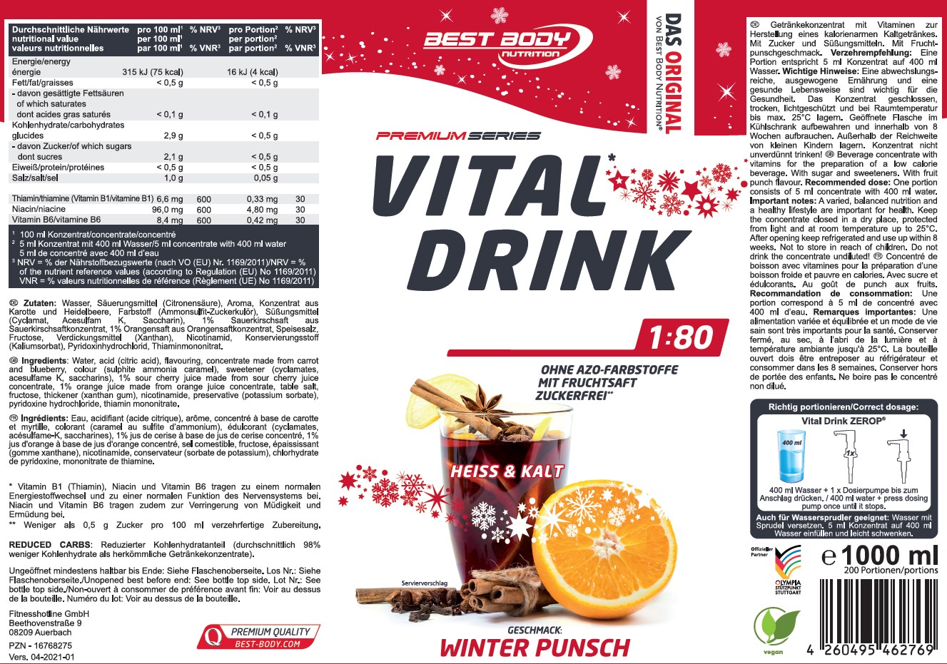 Best Body Nutrition Mineraldrink Vital Drink Getränkekonzentrat 1:80 Winter Punsch 1000 ml