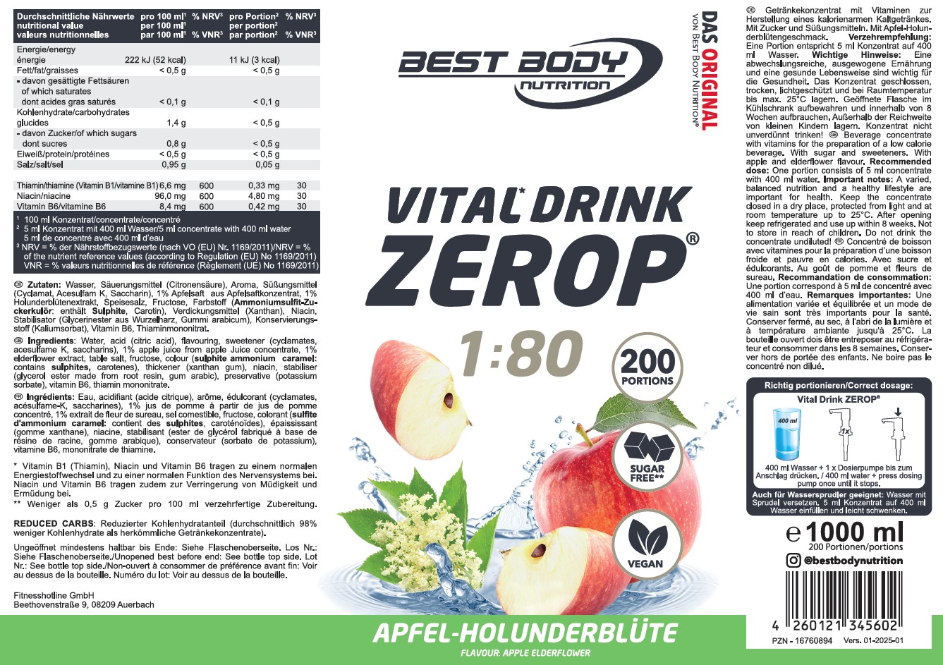 Best Body Nutrition Vital Drink Getränkekonzentrat 1:80 Apfel Holunderblüte 1000 ml