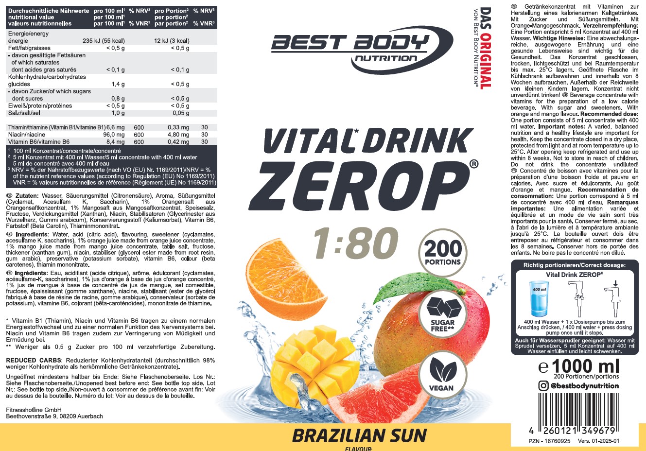 Best Body Nutrition Vital Drink Getränkekonzentrat 1:80 Brazilian Sun 1000 ml