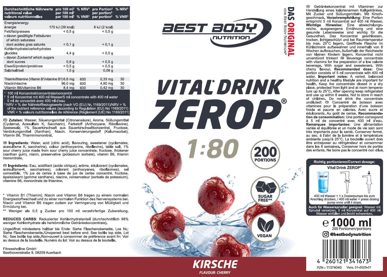 Best Body Nutrition Vital Drink Getränkekonzentrat 1:80 Kirsche 1000 ml