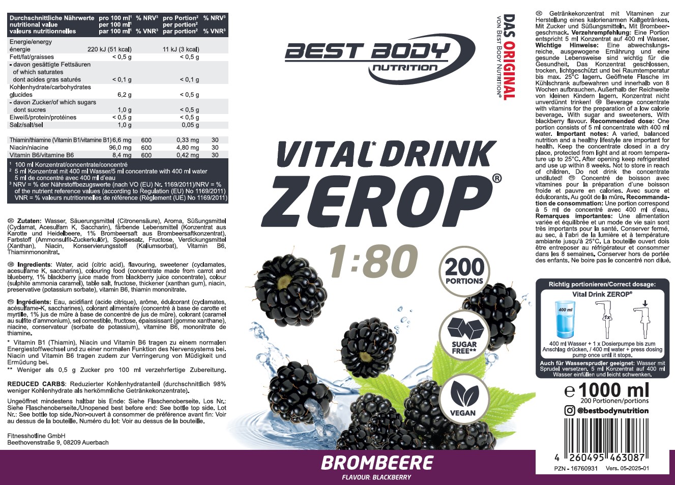 Best Body Nutrition Vital Drink Brombeere 1000 ml