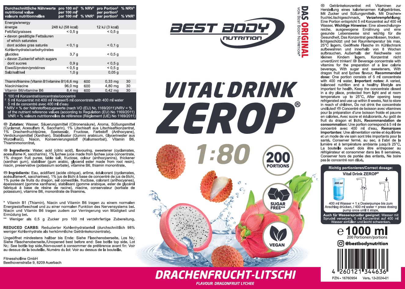 Best Body Nutrition Vital Drink Getränkekonzentrat 1:80 Drachenfrucht Litschi 1000 ml