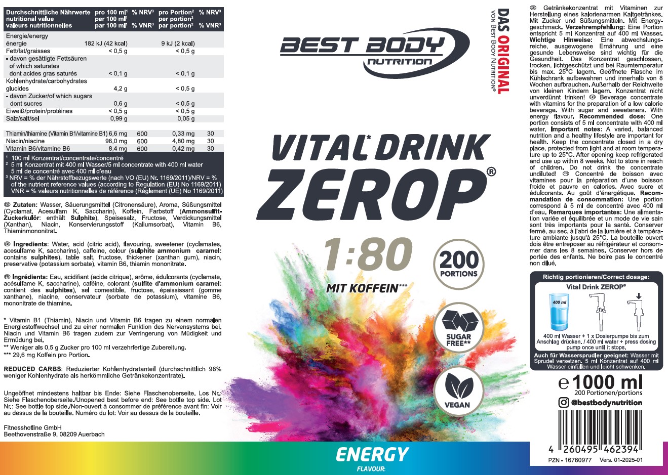 Best Body Nutrition Vital Drink Getränkekonzentrat 1:80 Energy 1000 ml