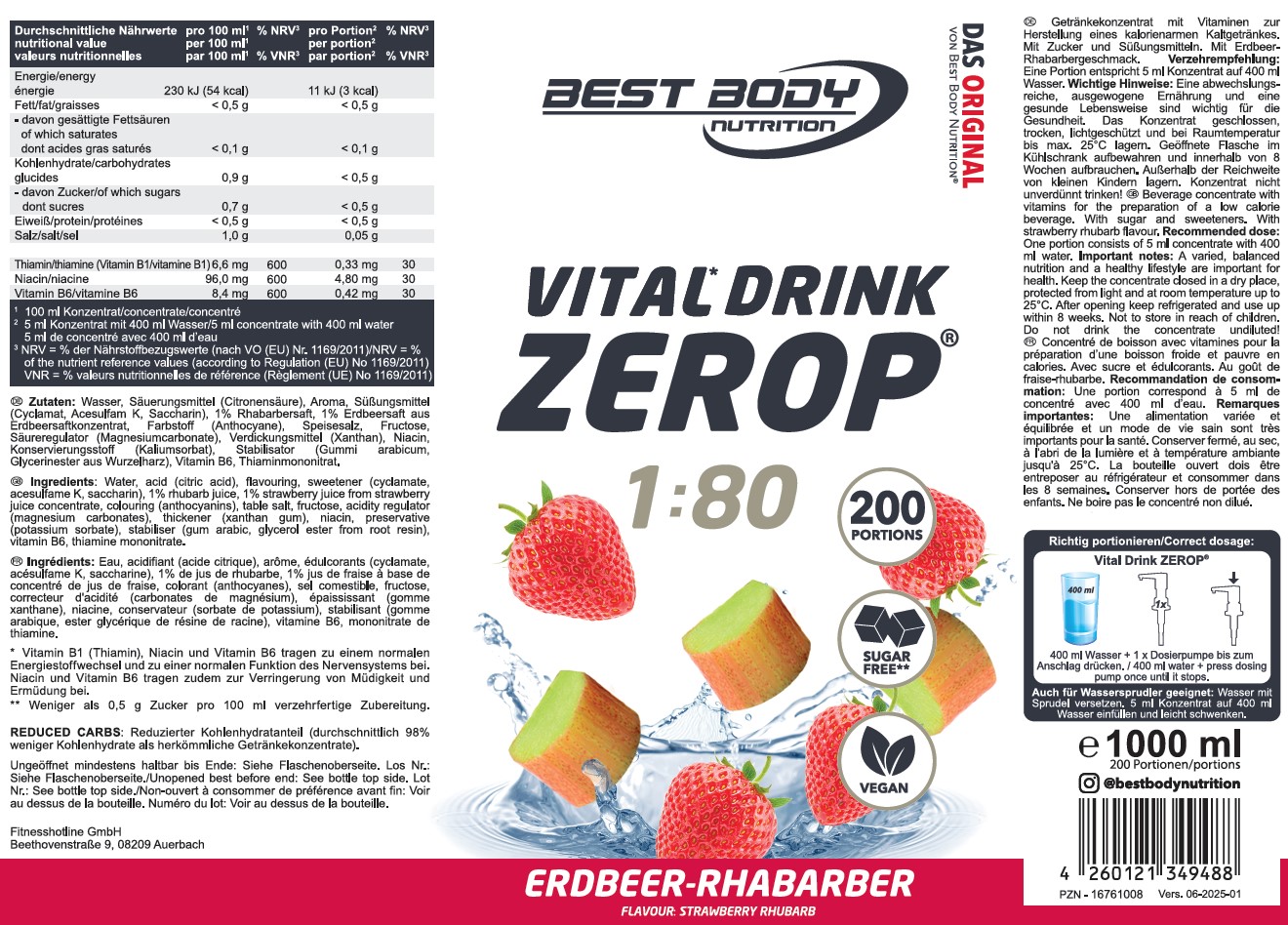 Best Body Nutrition Vital Drink Getränkekonzentrat 1:80 Erdbeere Rhabarber 1000 ml