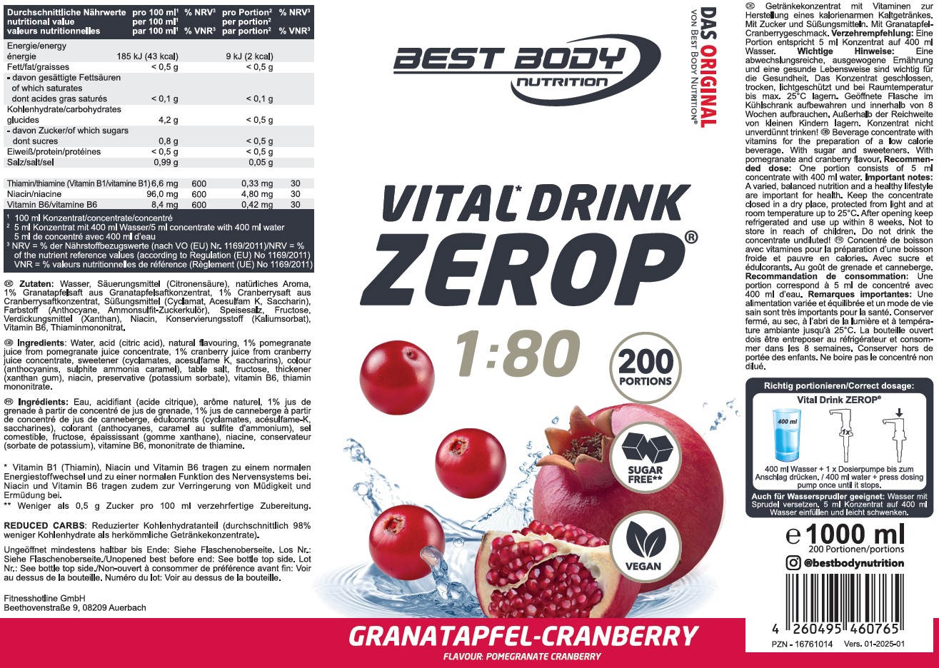 Best Body Nutrition Vital Drink Getränkekonzentrat 1:80 Granatapfel Granberry 1000 ml