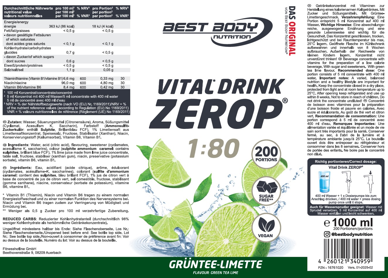 Best Body Nutrition Vital Drink Getränkekonzentrat 1:80 Grüntee Limette 1000 ml