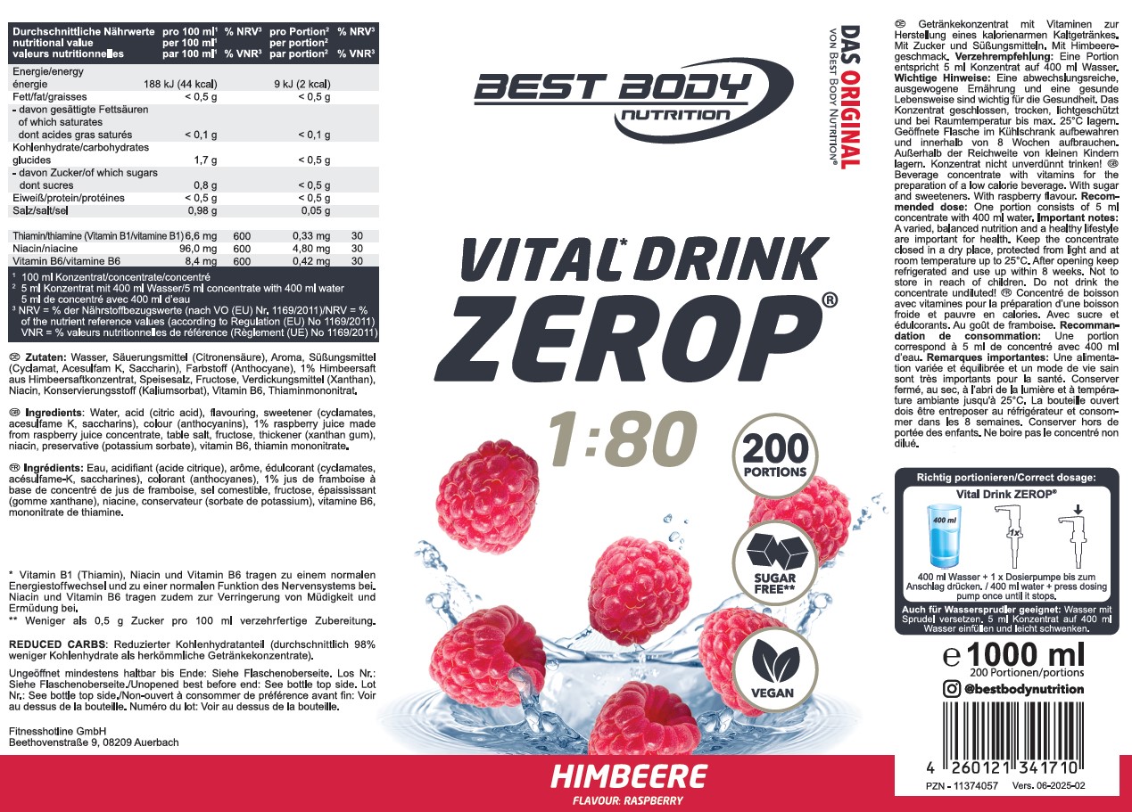 Best Body Nutrition Vital Drink Getränkekonzentrat 1:80 Himbeere 1000 ml