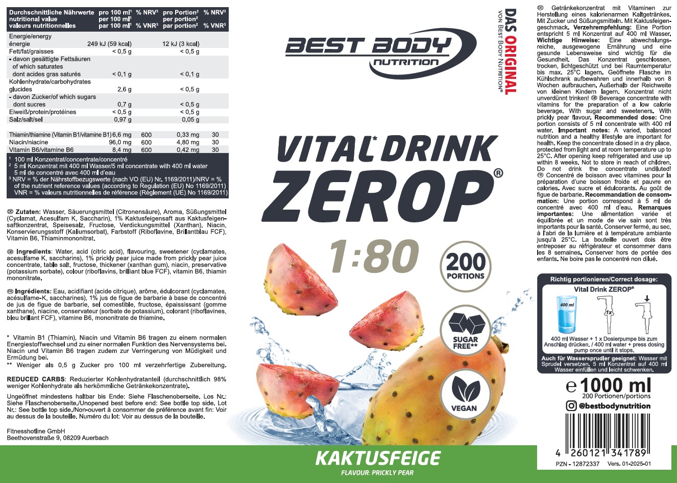 Best Body Nutrition Vital Drink Getränkekonzentrat 1:80 Kaktusfeige 1000 ml