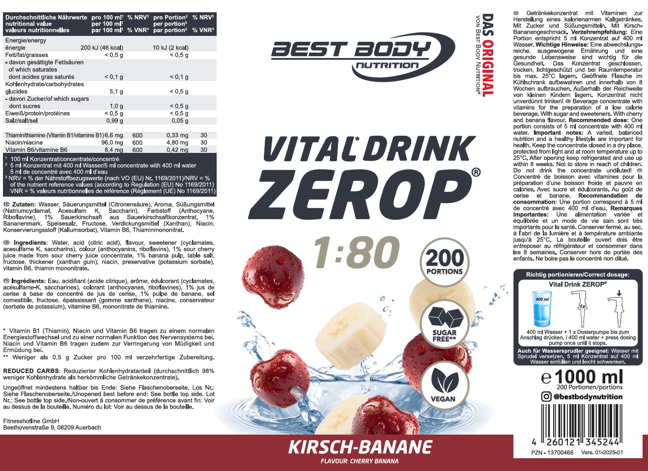 Best Body Nutrition Vital Drink Getränkekonzentrat 1:80 Kirsch Banane 1000 ml