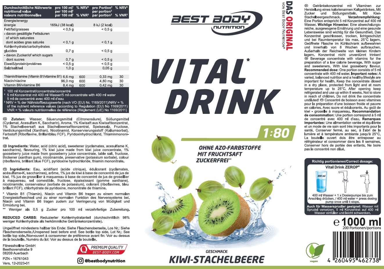 Best Body Nutrition Vital Drink Getränkekonzentrat 1:80 Kiwi Stachelbeere 1000 ml