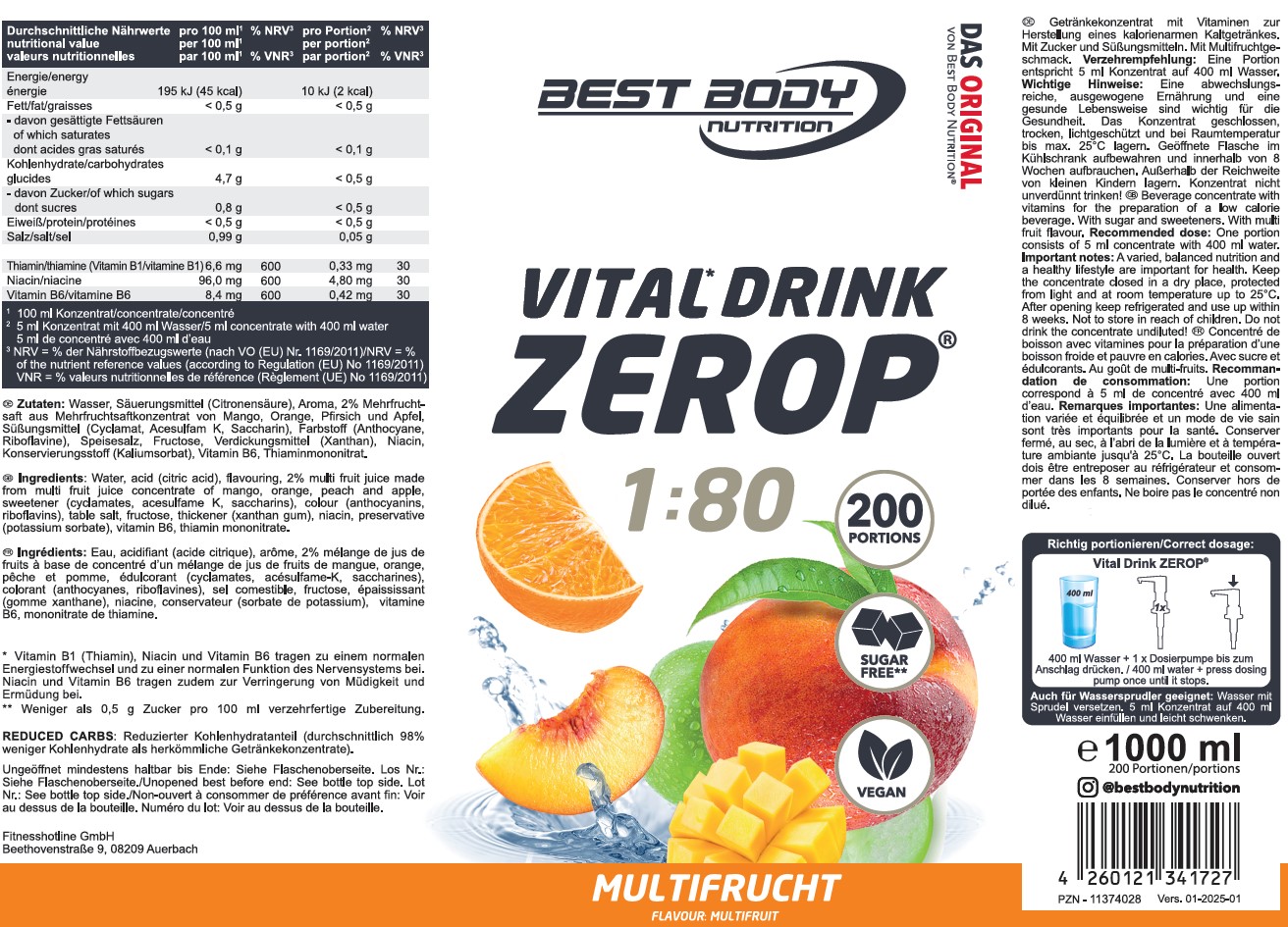 Best Body Nutrition Vital Drink Getränkekonzentrat 1:80 Multifrucht 1000 ml