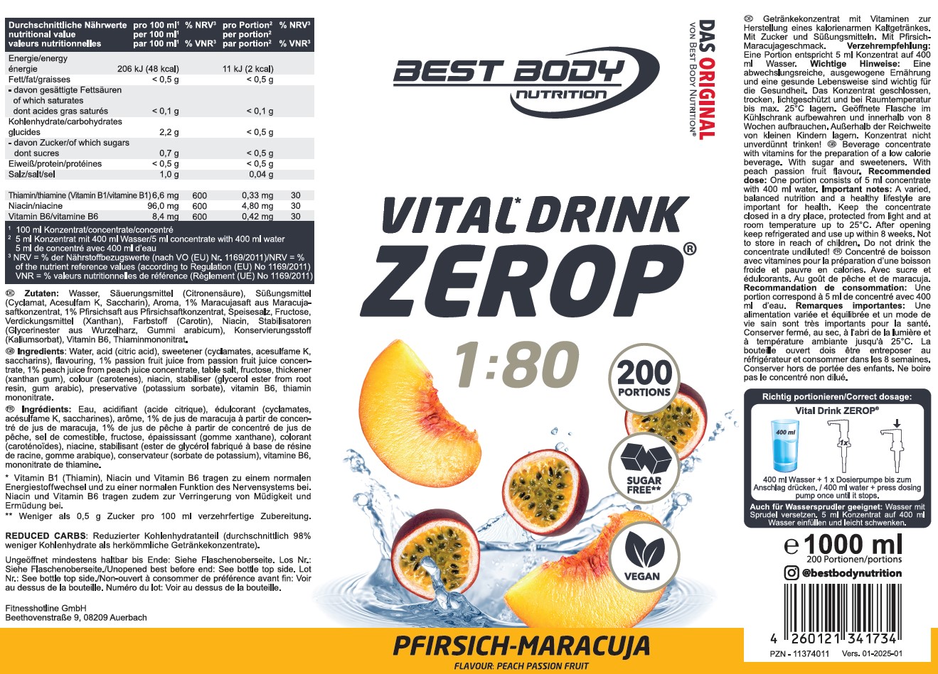 Best Body Nutrition Vital Drink Getränkekonzentrat 1:80 Pfirsich Maracuja 1000 ml
