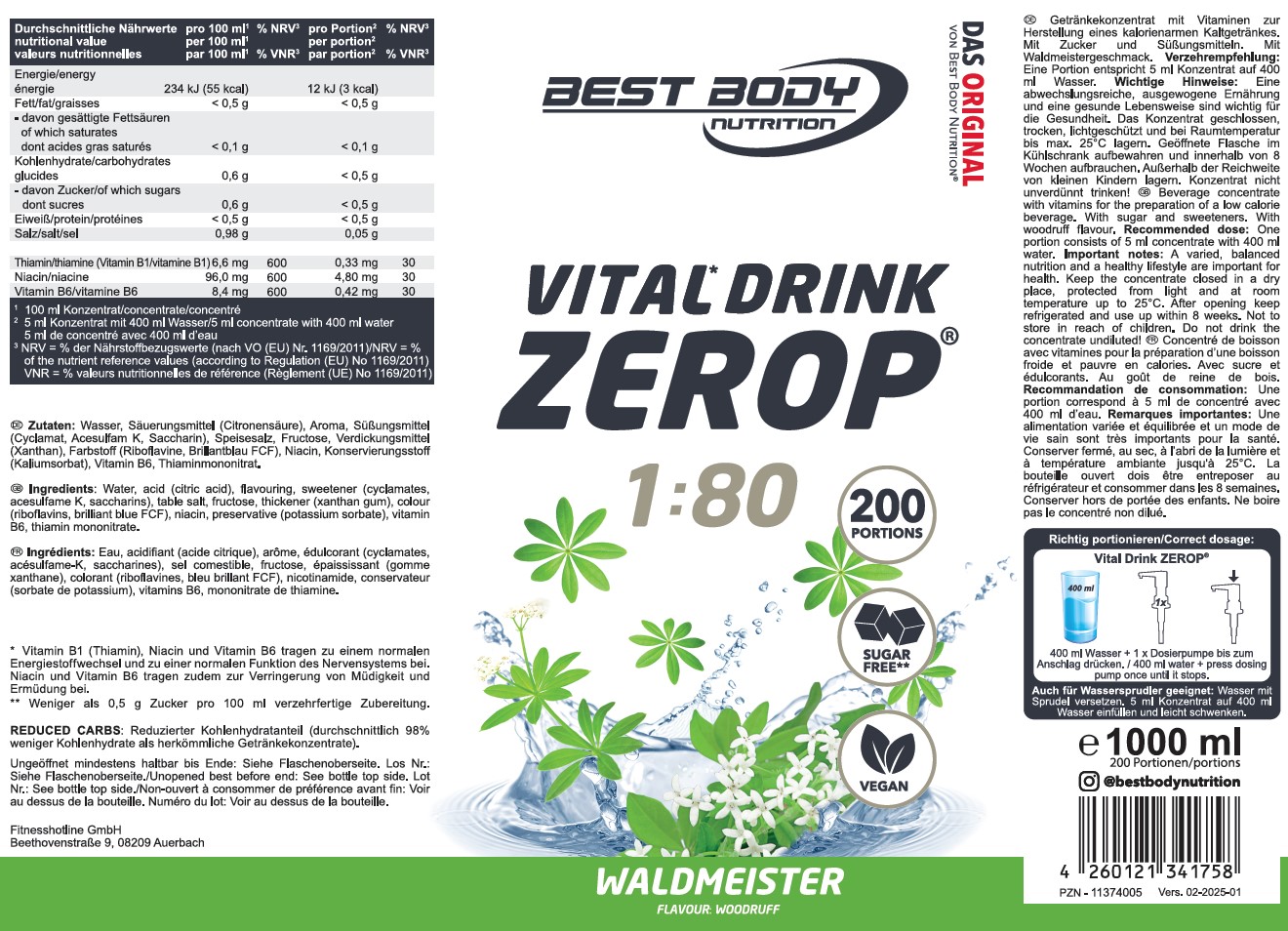 Best Body Nutrition Vital Drink Getränkekonzentrat 1:80 Waldmeister 1000 ml