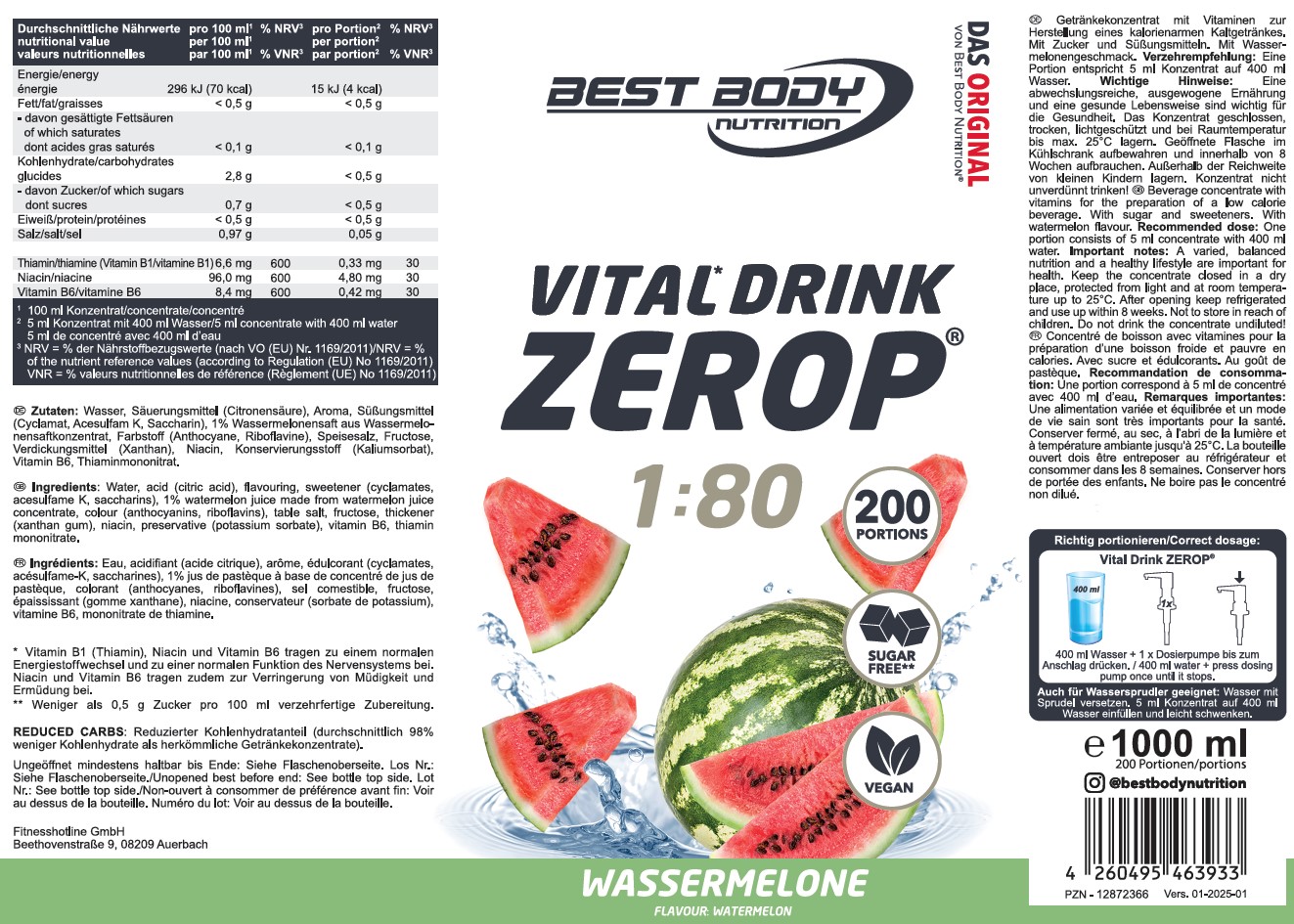 Best Body Nutrition Vital Drink Getränkekonzentrat 1:80 Wassermelone 1000 ml