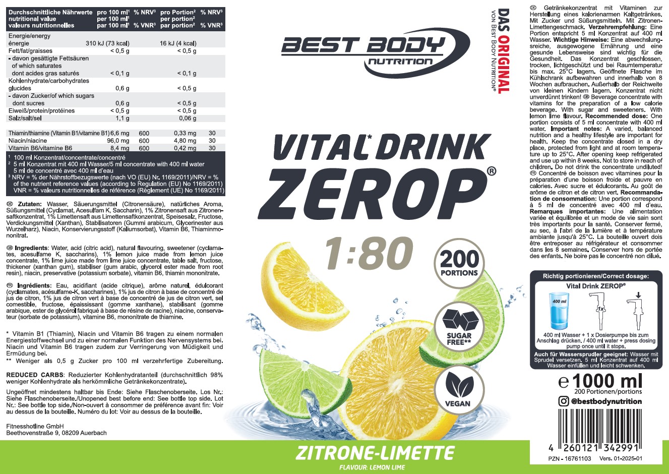 Best Body Nutrition Vital Drink Getränkekonzentrat 1:80 Zitrone Limette 1000 ml
