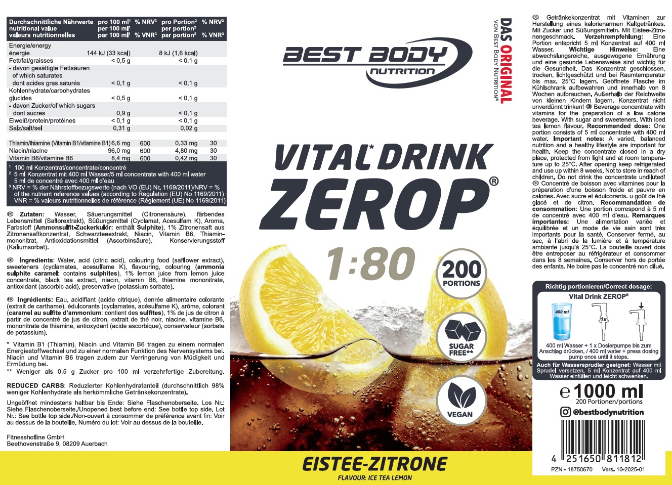 Best Body Nutrition Vital Drink Getränkekonzentrat 1:80 Eistee Zitrone 1000 ml